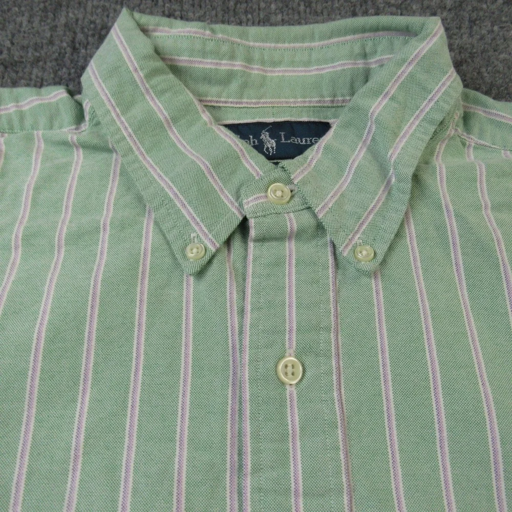 Ralph Lauren Shirt Mens XL Green Stripe Classic‎ Fit Short Sleeve Button Down
